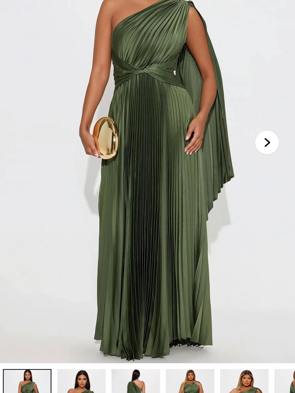 One-Shoulder Olive Green Pleated Evening Gown